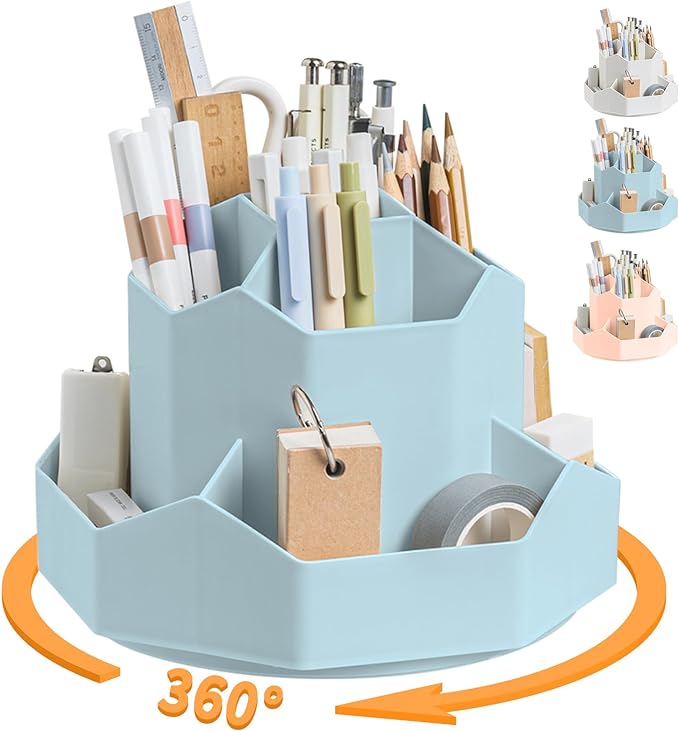 Cayxenful Pencil Pen Holder for Desk,9 Slots 360 Degree Rotating Desk Organizers,Desktop Storage Stationery Supplies Organizer, Cute Pencil Cup Pot For Office, School, Home(Blue)