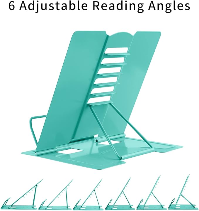 MSDADA Book Stand Metal Reading Rest Book Holder Adjustable Cookbook Documents Holder Portable Sturdy Bookstands for Recipes Textbooks Tablet Music Books with Page Clips (Light Green)