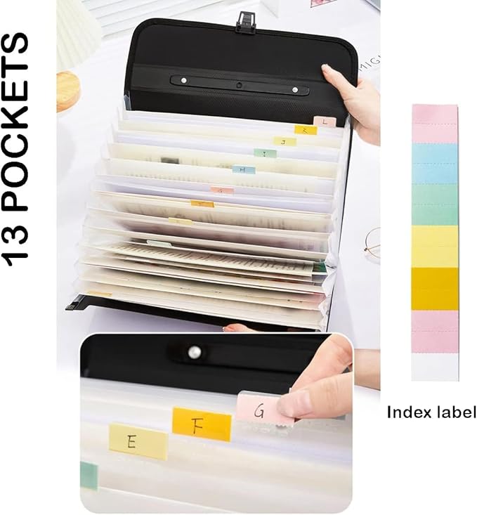 Extra Large Legal Size/Foolscap 12 Pockets Accordion File Organizer with Handle, TRANBO Portable Expanding File Folder, Expandable Plastic Document Organizer for Travel School Office - Black