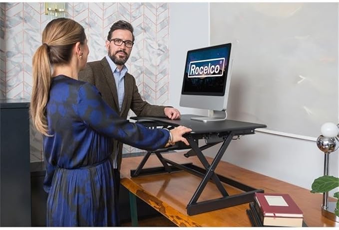 Rocelco 38" Large Height Adjustable Standing Desk Converter - Quick Sit Stand Up Dual Monitor Riser - Gas Spring Assist Tabletop Computer Workstation - Retractable Keyboard Tray - Black (R DADRB-38)