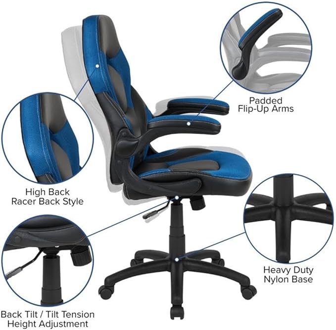 Bowery Hill 2 Piece Z-Frame Gaming Desk Set, 51.5 in Desk with Cable Management, Black Laminate Top, Red Powder-Coated Frame, Ergonomic Gaming Chair, Blue Mesh Inserts, for Home Office or Gaming Setup