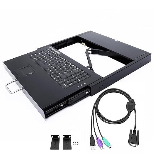 1U Rackmount Keyboard with Touchpad, USB/PS2 Connection, 99-Key Keyboard Drawer, Metal Rack Mount Tray for 19" Server Rack, Hot-Pluggable Design, Space-Saving 1U Steel Build, Durable Construction