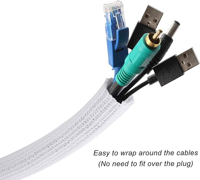 25ft - 1/2 inch Braided Cable Management Sleeve Cord Protector - Self-Wrapping Split Wire Loom for TV/Computer/Home Theater/Engine Bay - White