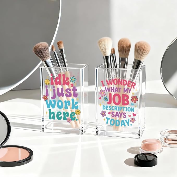 Idk I Just Work Here Acrylic Pen Holder Cup Set 2, Cute Pencil Holder Desk Organizer, Funny Desk Accessories, Sarcastic Gag Office Gifts for Women Coworkers Teachers Work Besties Boss Employees