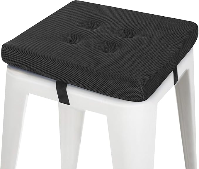 baibu 12 Inches Memory Foam Square Stool Cushions with Ties, Dual-Layer Design Breathable Square Chair Pads Seat Cushions with Non-Slip Bottom - One Pad Only (12", Black)