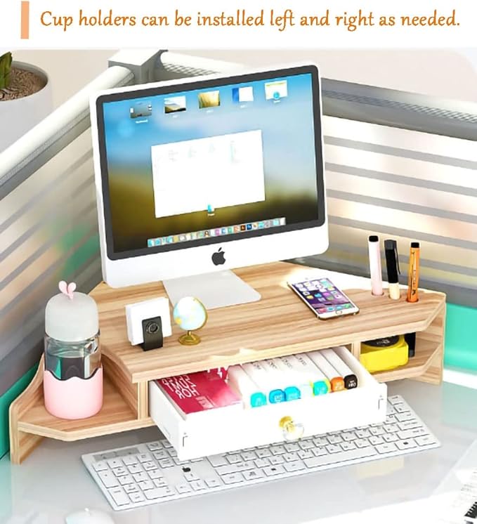 Triangle Monitor Stand Riser,Cut Triangle Save Space Desktop Corner,Desktop corner shelf with drawers wooden computer stand with storage laptop risers office organization. (Have drawers)