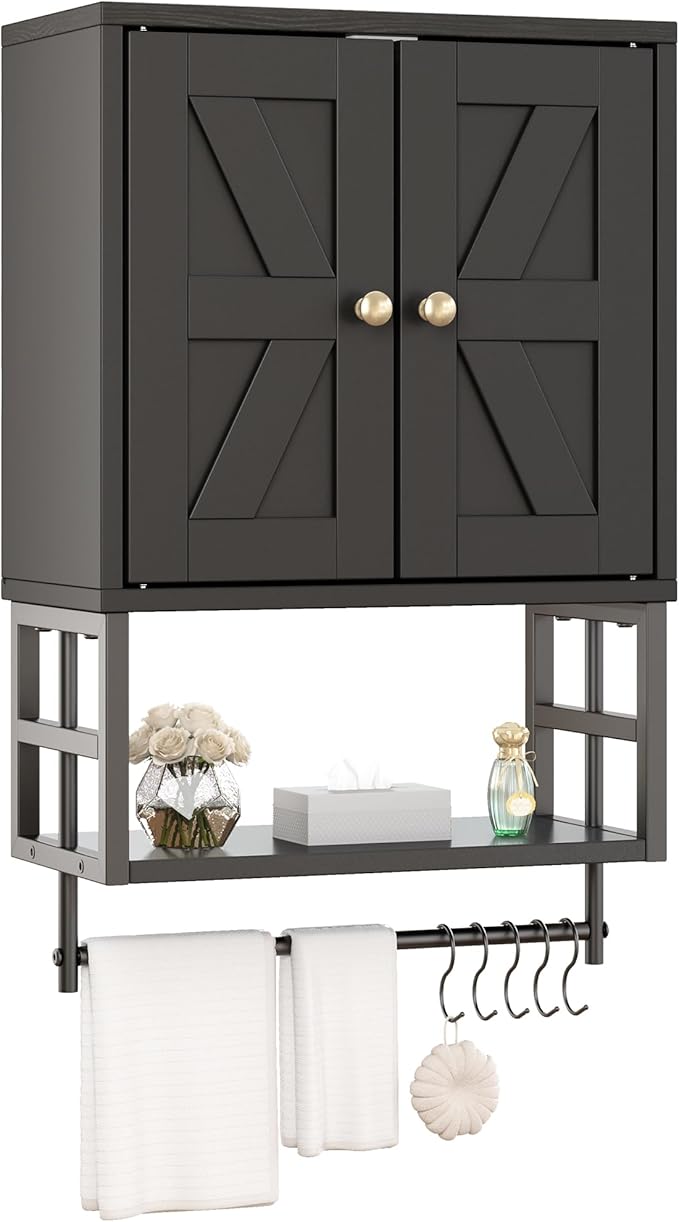 Farmhouse Medicine Cabinet - 3-Tier Wall Mounted Storage Organizer with Adjustable Shelves, Towel Bar, 5 Hooks for Small Bathroom, Laundry Room, Over Toilet, Living Room, Bedroom, Black