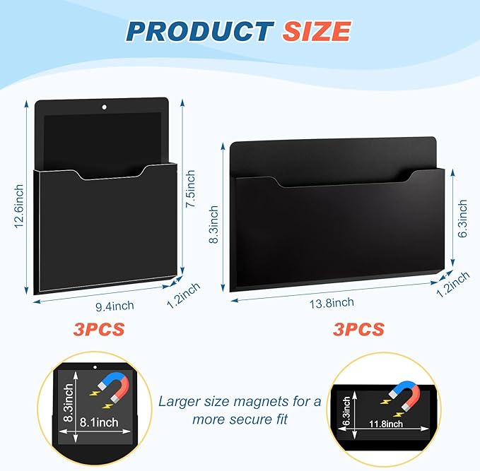 Fuutreo 6 Pcs Magnetic Wall File Organizer Magnetic Wall File Holder Refrigerator Magazine Holder for Mail Letters Paper(Black,Horizontal & Vertical)