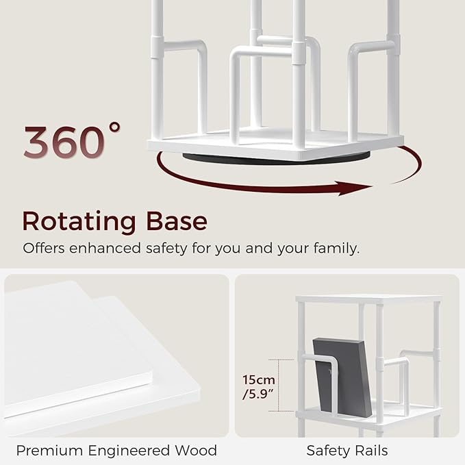 MAHANCRIS 5-Tier Rotating Bookshelf, Freestanding Corner Bookshelf, 360° Spinning Bookcase, Industrial Style Storage Rack with Rails, for Living Room, Bedroom, Study, White BKWT1601