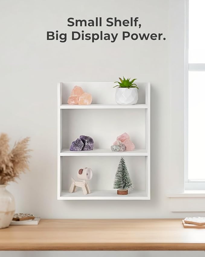 3-Tier Trinket Shelf, 10" x 12" Small Display Shelf for Wall or Countertop, Wooden Knick-Knack Shelves for Collectibles, Perfume & Crystal Storage, White