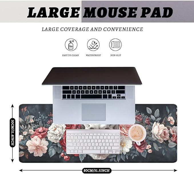 Fantasy Skull Mouse Pad Retro Roses Pink White Red Flowers Extended Mousepad XXL Computer Laptop Keyboard Mouse Mat Big Aesthetic Desk Decor Pad 31.5x11.8 in