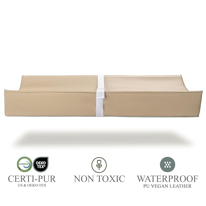 Vegan Leather Contoured Baby Changing Pad | Waterproof & Wipe-Clean PU Leather Diaper Change Mat, Soft, Wipeable Cover, Safety Strap, Non-Slip Bottom, Topper for Standard Infant Diaper Table & Dresser