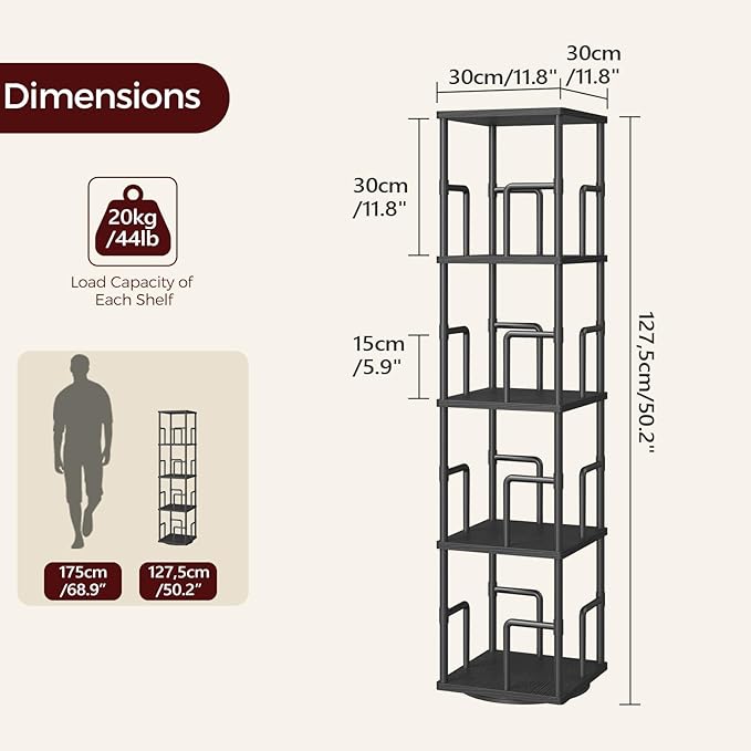 MAHANCRIS 4-Tier Rotating Bookshelf, Freestanding Corner Bookshelf, 360° Spinning Bookcase, Industrial Style Storage Rack with Rails, for Living Room, Bedroom, Study, Black BKBK1501