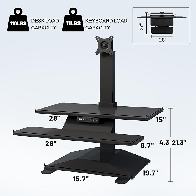 Electric Standing Desk Converter 28" Wide, Height Adjustable Desk Riser, Computer Workstation, Sit-Stand Convertor for Home, Office, School (Black, 1 Arm Included)