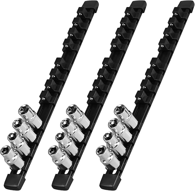 1/2-Inch Drive Heavy Duty Socket Holder Kit ABS, Socket Rail 1/2-Inch x 12 Clips Black, 3 Pieces