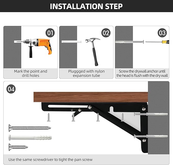 Folding Shelf Brackets 14 inch Foldable Shelf Bracket Heavy Duty Collapsible Shelf Brackets DIY Wall Mounted Fold Down Table Bracket Space-Saving for Benches Workstation (2PC, Max.Load 133 lbs)