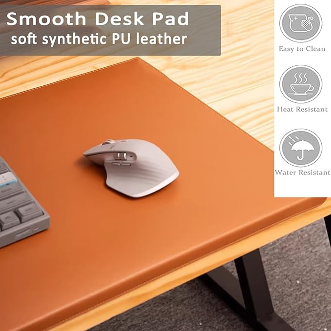 Office Desk Pad with Edge Protector, Non-Slip PU Leather Table Desktop Mat for Laptop/Computer, Waterproof, Smooth Writing Surface (Brown,23.6x11.8inch)
