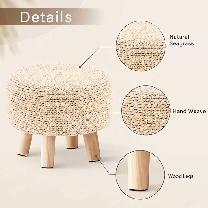 Wimarsbon Round Foot Stool Natural Seagrass Poufs Ottoman Hand Weave Footrest Stool for Couch Desk Extra Seat Step Stool with Solid Wood Legs for Hallway Patio Lounge Natural