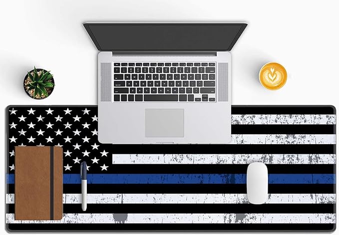 Gaming Mouse Pad, Large Mouse Pads for Desk, Non-Slip Rubber Base Mousepad, Keyboard Mouse Mat Desk Pad with Stitched Edges, 31.5x11.8 inch Retro Thin Blue Line Flag