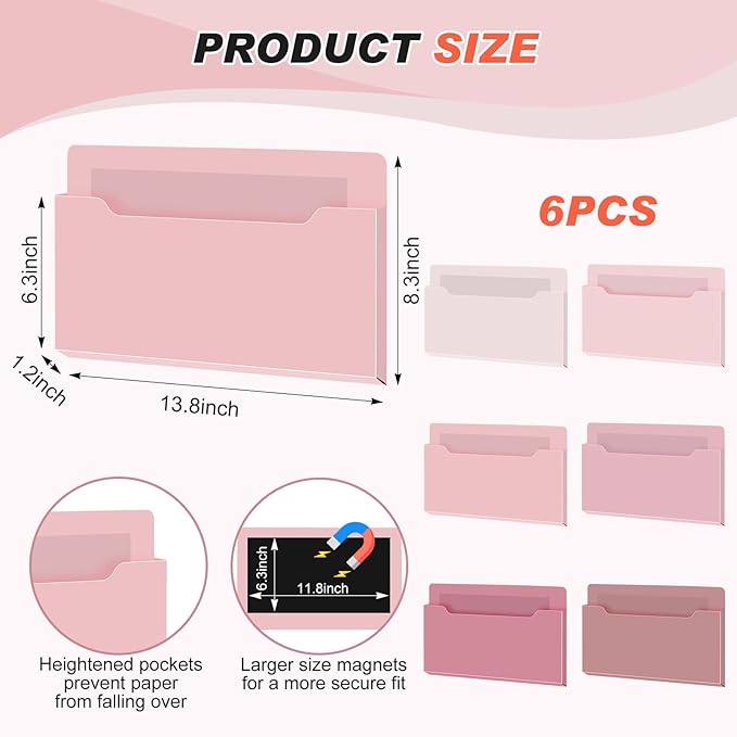 Fuutreo 6 Pcs Magnetic Wall File Organizer Magnetic Wall File Holder Refrigerator Magazine Holder for Mail Letters Paper(Rose Pink,Horizontal-large)