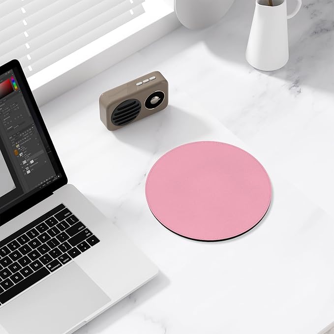 Leather Mouse Pad, Office Mouse Mat Non-Slip Rubber Base Stitched Edge Washable Waterproof Round Mousepad for Office Gaming PC Laptop, Round Diameter 8.7 inches, Pink