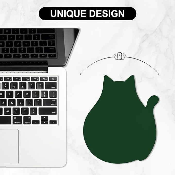 Funny Leather Mouse Pad Cute Cat Shape Office Desk Accessories Decor for Women Small Mousepad with Non-Slip Rubber Base Washable Waterproof, 9.7" x 8", Dark Green