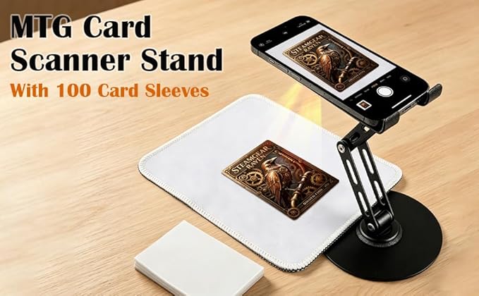 Foldable Trading Card Scanner Stand, Carbon Steel Phone Holder with Scanning Pad and 100 Standard Sleeves, for Sleeved/Unsleeved Collectible Cards, Compatible with iOS and Android