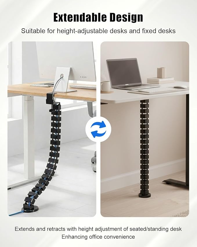 Desk Vertebrae Cable Management Kit, Adjustable Quad Entry Flexible Cord Organizer for Sit Stand Desk, No Drill Clamp-On Under Desk Modular Cable Control with Steel Base