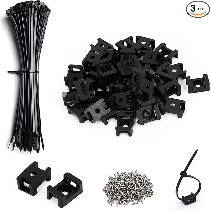 120 Set Black Cable Zip Tie Mounts Kit Wire Clips Organizer Holders Clamps with 0.6Inch Saddle Type Mounts Base with 8" Ties and Tapping Screw