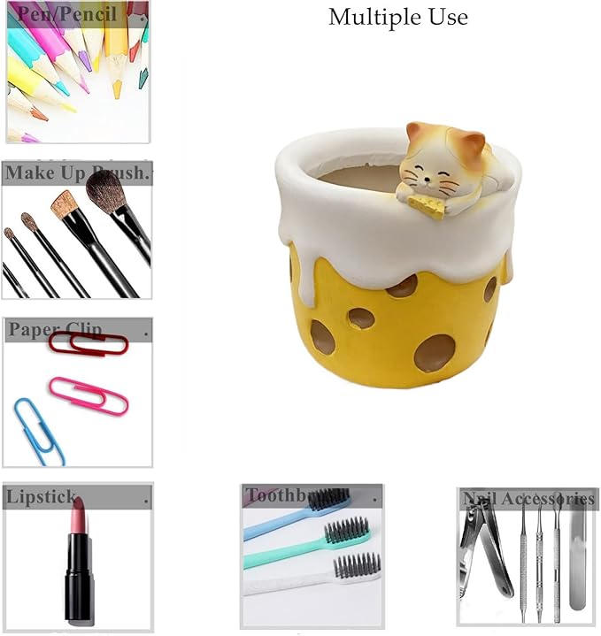 Cute Small Pen Pencil Holder, Kawaii Resin Cat Dog Dinosaur Rabbit Animal Paper Clip Toothbrush Mini Storage Organizer Office Desk Decorations