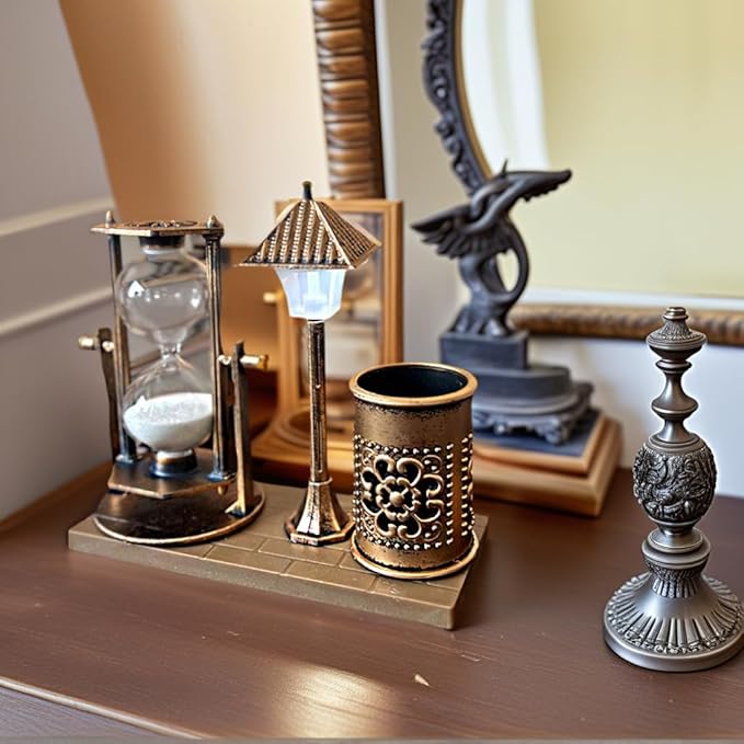 Vintage Style Desk Organizer Set with Hourglass Timer, Decorative Pen Holder, Bronze Finish, pen organizer for desk, vintage office decor, sand timers, desk organizer pen holder