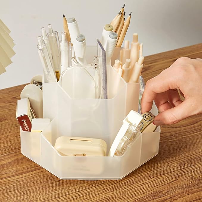 Transparent White Rotating Art Supply Storage with 9 Compartment, Pencil & Pen Holder for Kids Art Desk, Homeschool & Home Office Desktop Organizer