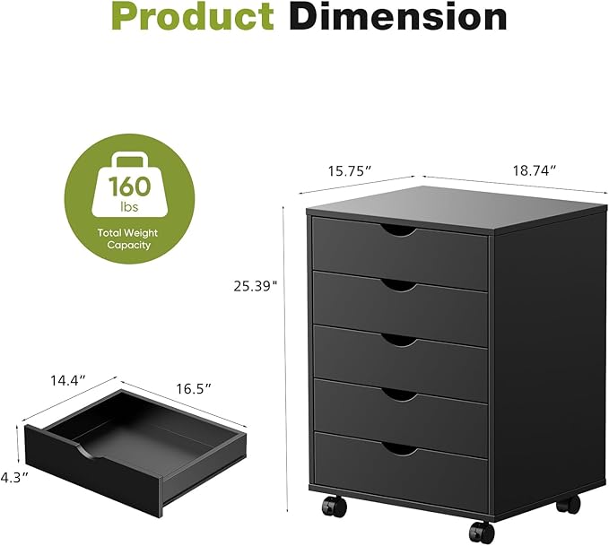 Sweetcrispy 5 Drawer Chest Mobile Storage Cabinets Small Wooden Dresser with Wheels Room Organization Furniture for Office Home, Rolling Vertical Organizer for Home Office, Black Wood
