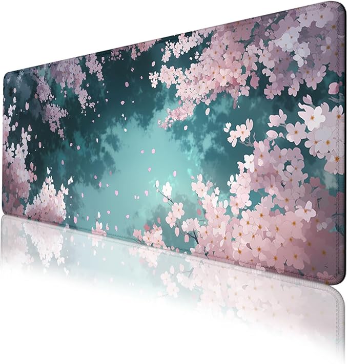 Cherry Blossom Gaming Mouse Pad Dream Sky Petals Large Gaming Mouse Mat with Stitched Edges,Non-Slip Waterproof Rubber Base Mous Mat Office Computer Keyboard Laptop 31.5"x11.8"