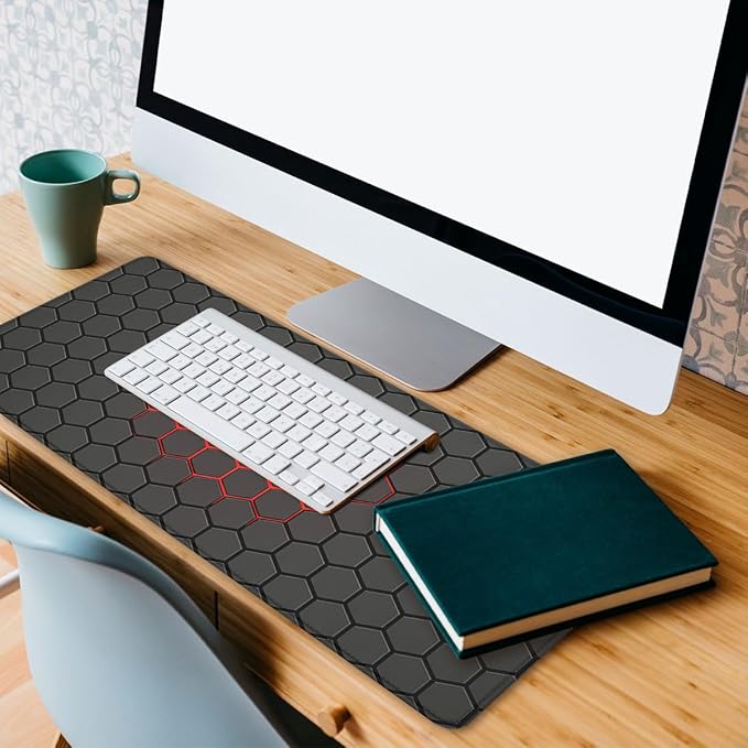 Red Hexagon Mouse Pad Dark Gaming Tech Grid Large Gaming Mouse Mat with Stitched Edges,Non-Slip Waterproof Rubber Base Mous Mat 31.5x11.8 Inch