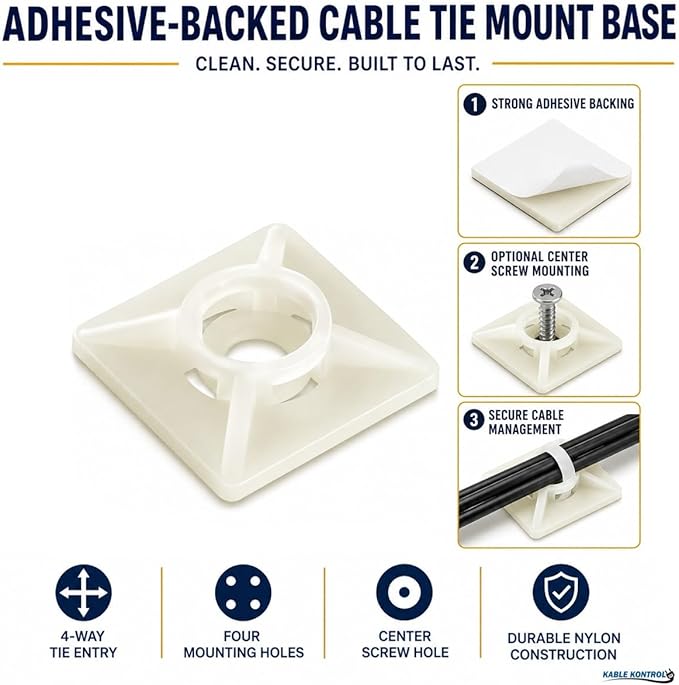 Kable Kontrol Zip Tie Mounts, 3/4” Sq, Natural White, 100 Pcs, Adhesive Backed Multi-Purpose Mounting Squares Nylon Cable Tie Wrap Anchor Pads for Cable Management