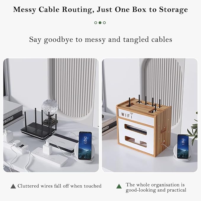 Wooden Router Shelf, Desktop WiFi Router Storage Box Modem Rack, Power Router Fences Standing Shelf Units, Cable Management Hider Box Organizer for Office and Home (Cherry Wood)