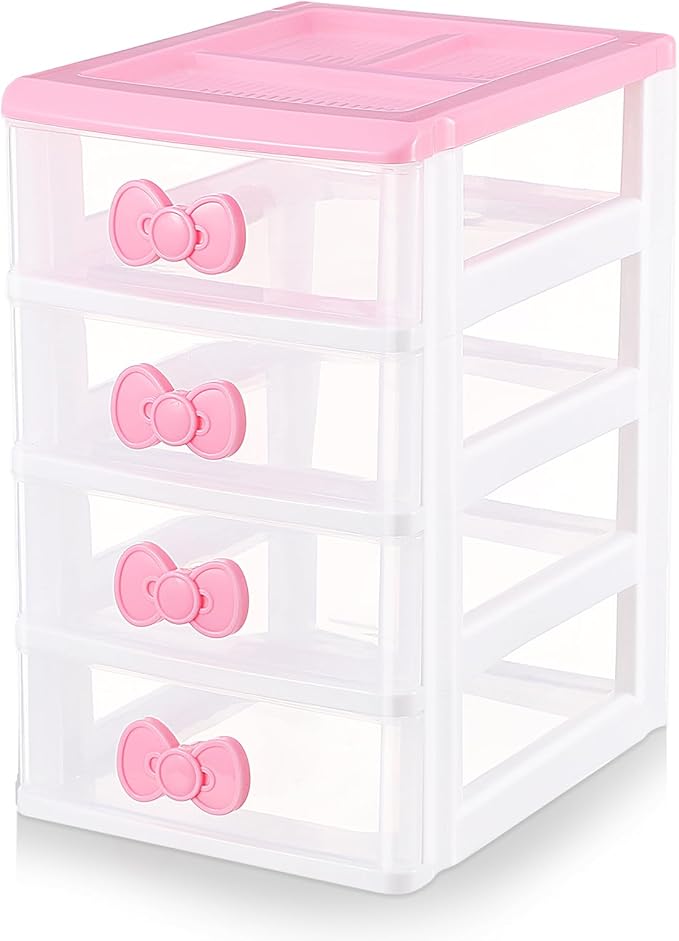 Girls Cute Lovely Color Storage Box Makeup Organizer with 4 Layers, Cute Storage Cabinet Box with Bow Handle, Desktop Storage Box for Home Bedroom Bathroom Women Girl Gifts (Pink)