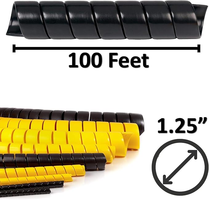 Electriduct 1.25 Inch Heavy Duty Spiral Wrap HDPE Flexible Plastic Cable Sleeve Hose Protector 100 Feet - Black