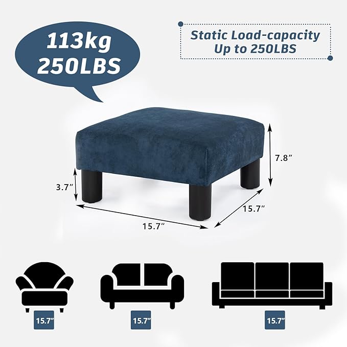 Joveco Small Foot Rest Stool Ottoman, 15" Fabric Square Short Low Footstool Upholstered Footrest for Chair, Under Office Desk, Living Room, Navy Blue
