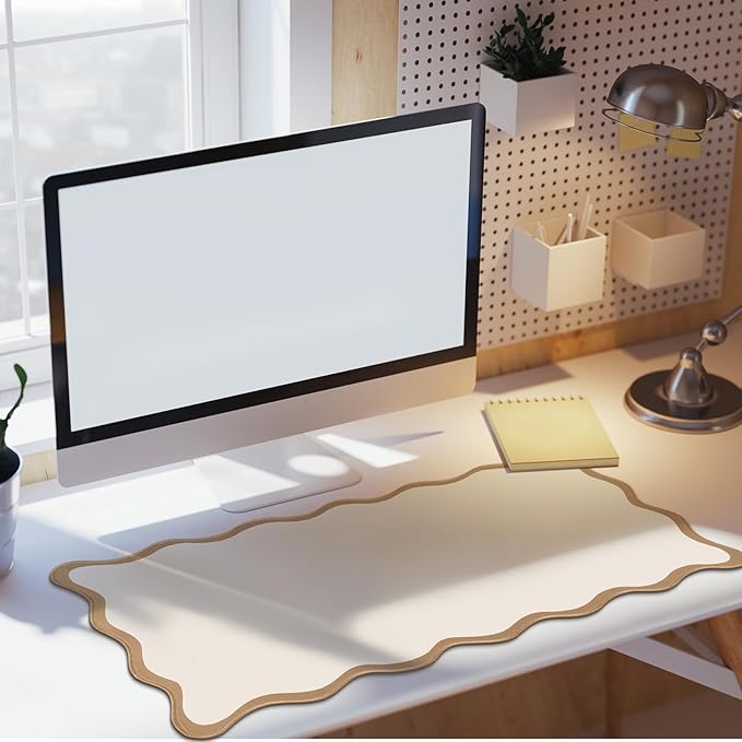 Hahafelt Scalloped Desk Mat Large Desk Pad Cute Coquette Table Mat Aesthetic Preppy Table Make up Pad Nonslip 2026 Graduation Gift with Stitching Waterproof Gaming(Beige,31.5 x 15.8 Inches)
