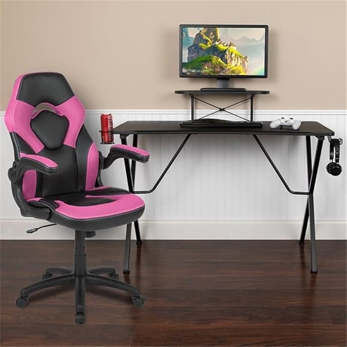 BOWERY HILL Gaming Desk and Racing Swivel Chair Set, 51.5" Desk, Black Laminate and Pink LeatherSoft Finish, Ergonomic High Back Chair with Flip-Up Arms, Contemporary Design for Gamers