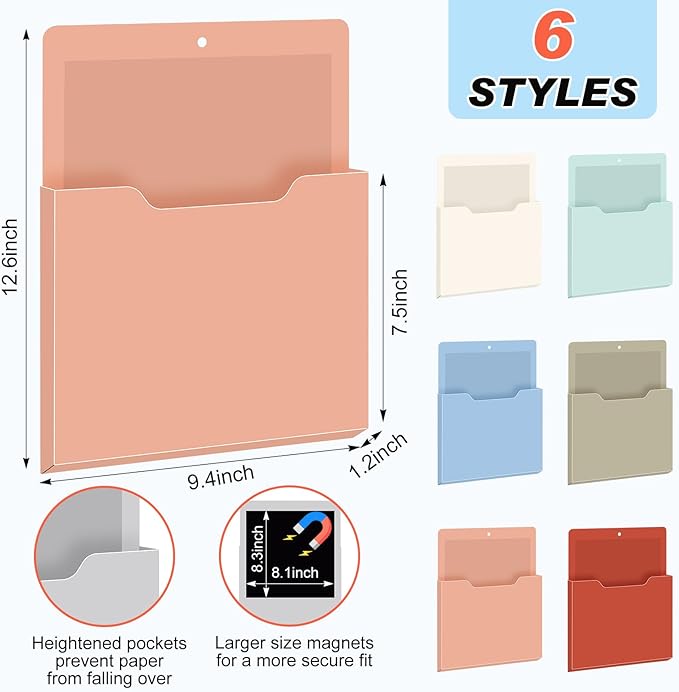 Fuutreo 6 Pcs Magnetic Wall File Organizer Magnetic Wall File Holder Refrigerator Magazine Holder for Mail Letters Paper(Vintage Boho,Vertical-large)