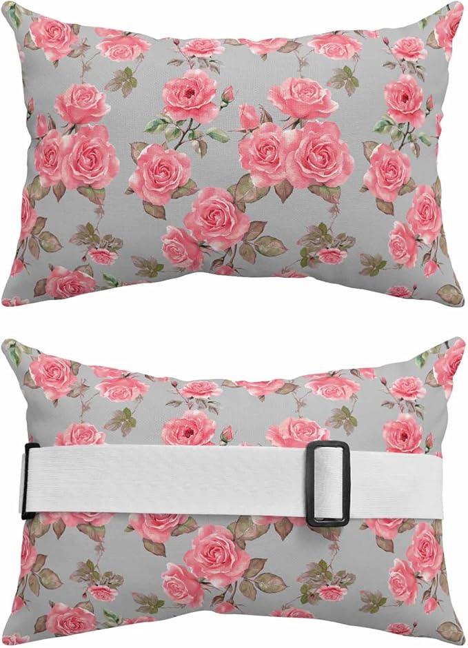 Outdoor Pillows with Insert 1 Pack-12"x20" Spring Summer Pink Rose Floral Vintage Head Pillow for Pool Lounger and Office Chair Lumbar Pillow with Adjustable Strap