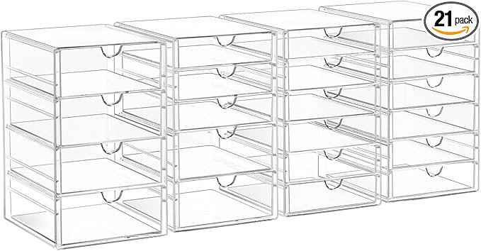 AMALEKO Acrylic Drawer Organizers - 21 Drawers 4 Set - Clear Storage Drawers for Office Supplies - Stackable Makeup Organizer - Dustproof Desk Organizers for Makeup, Jewelry, Pen, Stationary