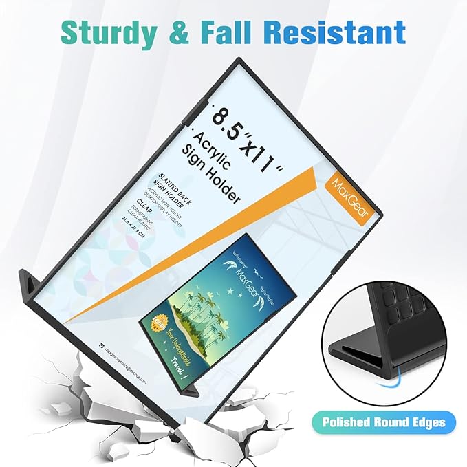 MaxGear Fall Resistant Acrylic Sign Holder 8.5 x 11 Inches 12 Pack, Slant Back Table Flyer Menu Display Stand, Heavy Duty Plastic Acrylic Sign Frame Paper Holder for Business, Store, Restaurant, Black