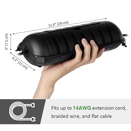 Flemoon Outdoor Extension Cord Safety Cover with Waterproof Protector Seal, Weatherproof Electrical Connection Box for Outdoor Outlets, Plugs, Sockets, Holiday Decorations, Power Tools, Black