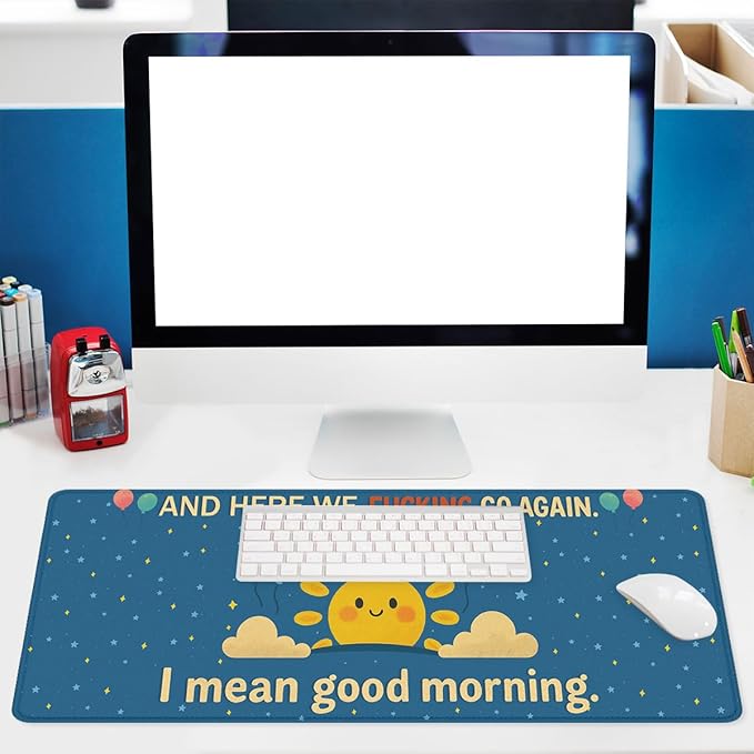Funny Morning Desk Pad Mouse Pad Cartoon Cute Sun Cloud Stars Extended Gaming Mouse Pad Mat with Stitched Edge Non-Slip Base Big Mousepad 31.5"x11.8"