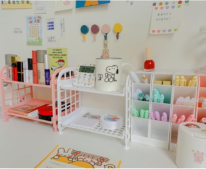 UnnFiko 2-Layers Table Shelf Organizer, Adjustable Plastic Storage Rack Shelf Square Basket Desk Stand Table Storage Organizer Shelves (White)