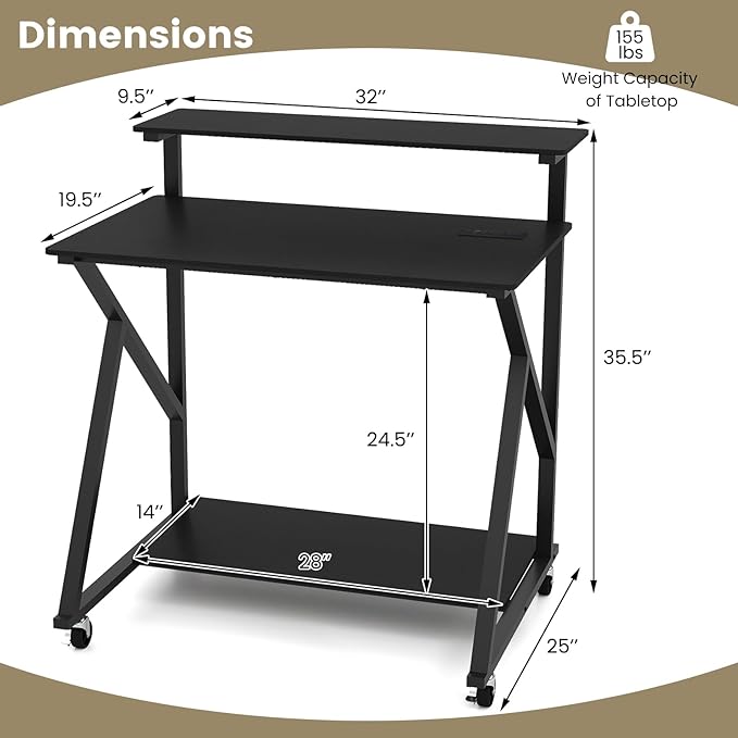 Tangkula Rolling Computer Desk Cart with Power Outlets, 32" Mobile Portable Laptop PC Desk with Monitor Stand, CPU Stand & Storage Shelf, Compact Small Desk on Wheels for Small Space (Black)